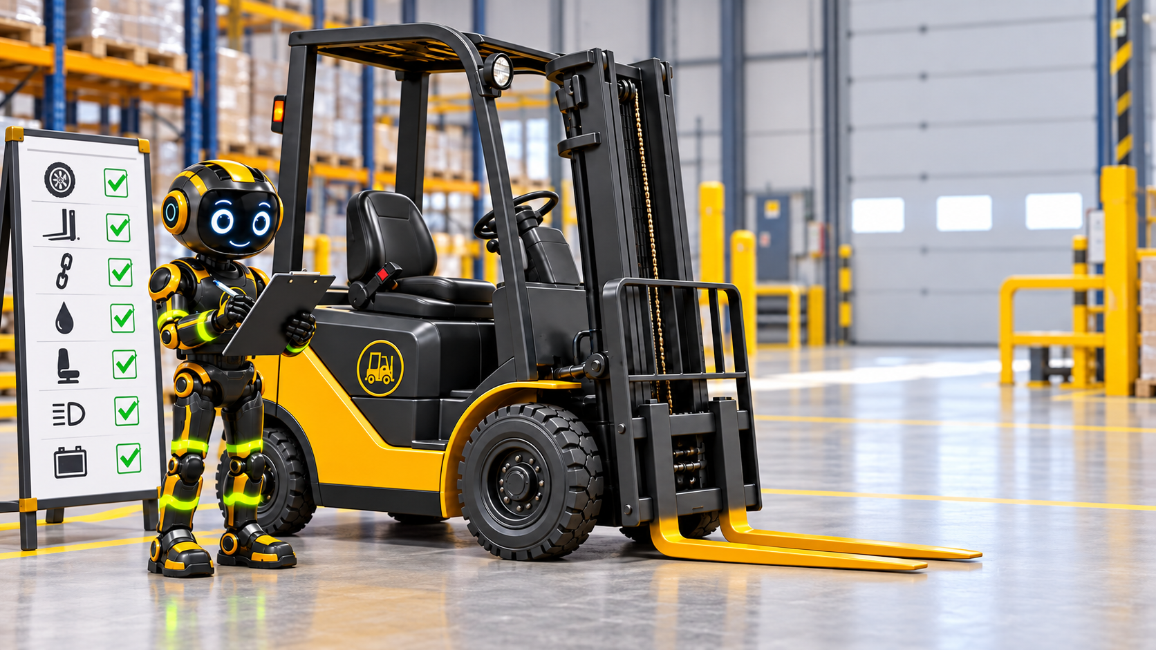 Little Cody inspecting a parked counterbalance forklift before use